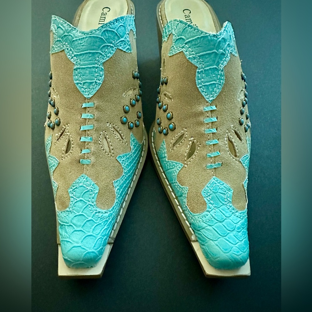 Cami NYC Turquoise and Tan Mules
